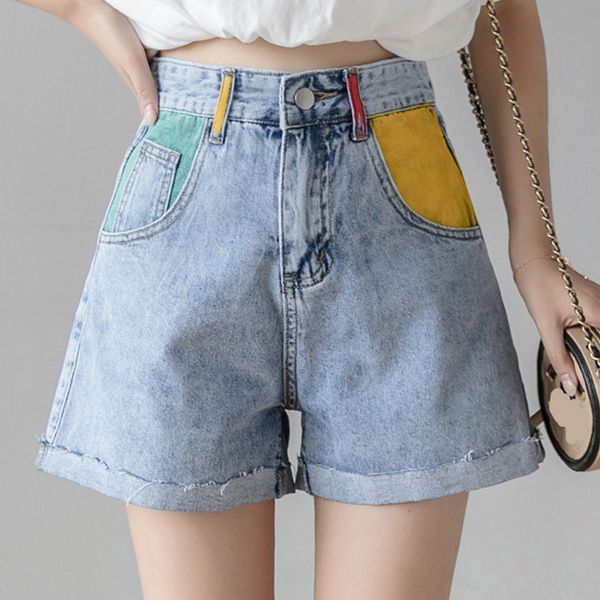 

zoki denim women shorts summer high waist cotton jean shorts casual korean wide leg loose pocket female jeans new 2020, Blue