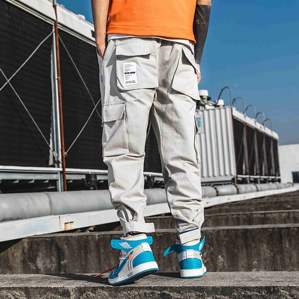 

spring cargo pants men cotton drawstring multi-pocket joggers trousers ankle banded male fashion harem pants grey black army