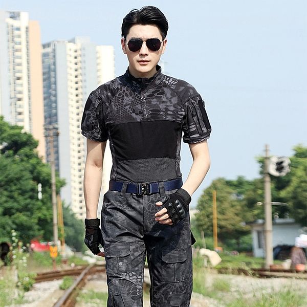 

2019 new g3 camouflage frog clothing short sleeve suit men's and women's knitted real cs frog clothes outdoor instructor clothing, Gray;blue