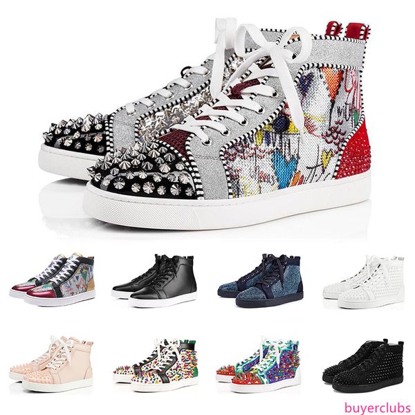

2019 fashion luxury sneakers designer shoes s for men women high cut black white spikes genuine leather casual rivet sneaker, Black;green
