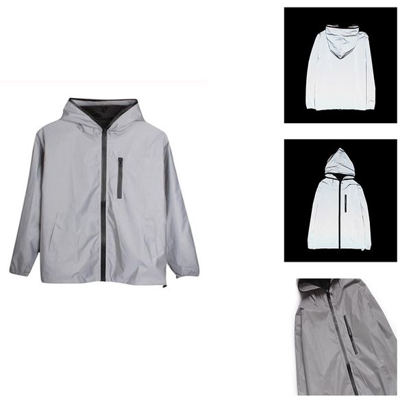

2020 men's/women long sleeve reflective jacket harajuku windbreaker jacket hooded street dance streetwear night shiny zip, Black;brown