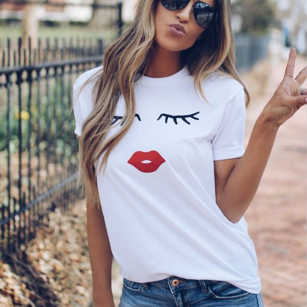 

2020 summer casual short sleeve o neck t-shirt lady white tshirt black pretty eye lashes red lips print women t shirt