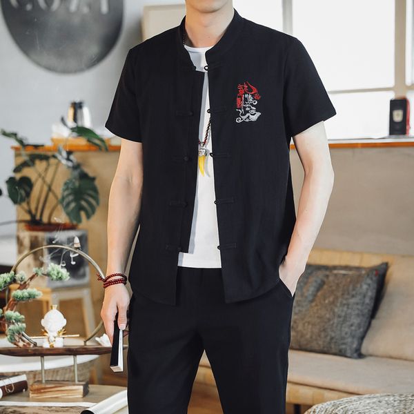 

summer mens casual 2-piece set (tshirt + pants) chinese style men embroidered t shirt and ankle-length pants large size s-5xl, Gray