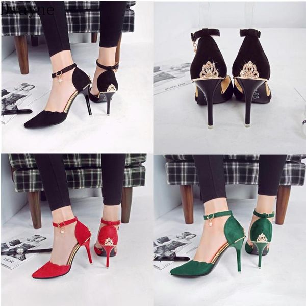 

2020 summer new hollow high heels korean wild fine with women's sandals metal decorative pointed shallow mouth high heels, Black