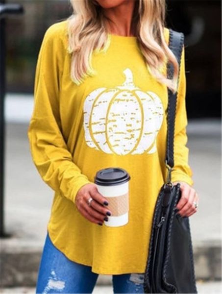 

women pumpkin pattern t-shirts fashion halloween crew neck long sleeve casual tee clothing designer loose all-match long tshirts, White