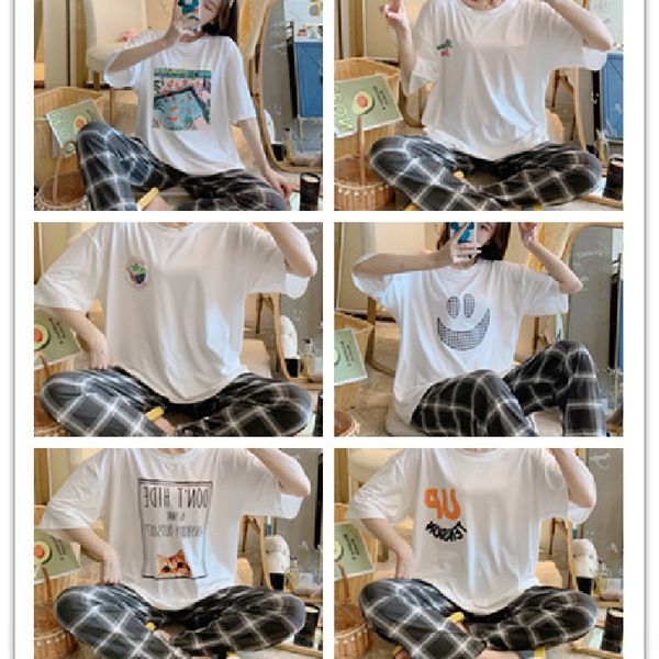 

new 8 types of pajamas women's pants suit pajamas suit short-sleeved plaid pants set -xxl, Blue;red