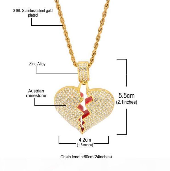 

hip hop jewelry with zircon iced out chains vintage high grade love heart pendant necklace stainless steel jewelry wholesale mens necklace, Silver