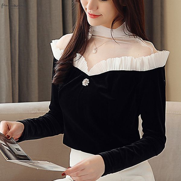 

spring 2020 new velvet high collar bottom shirt stitching chiffon shirt women black white women blouse shirt 10f5