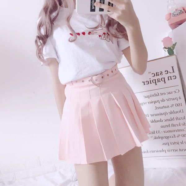 

two piece-new summer high waist a-line women skirt solid color slim student pleated skirt & sweet chic cute sashes girls, Black