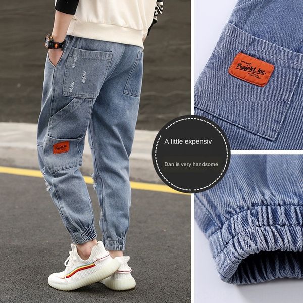 

children's boy's jeans children's sports pants panty pants chinos children fashion sports trousers in the big pockets jeans, Blue