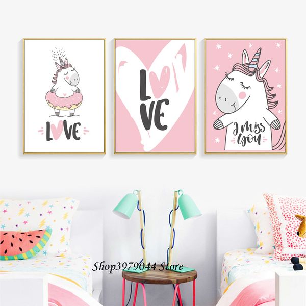 

pink heart nursery canvas print unicorn poster love letter posters and prints baby painting nordic kids room picture wall decor