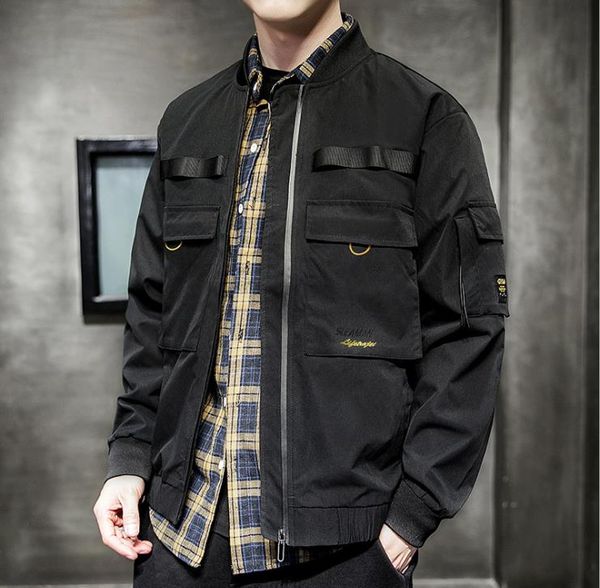 

mens stand collar cargo jackets man letter pockets zipper fly short coats men high street sport casual outwears, Black;brown