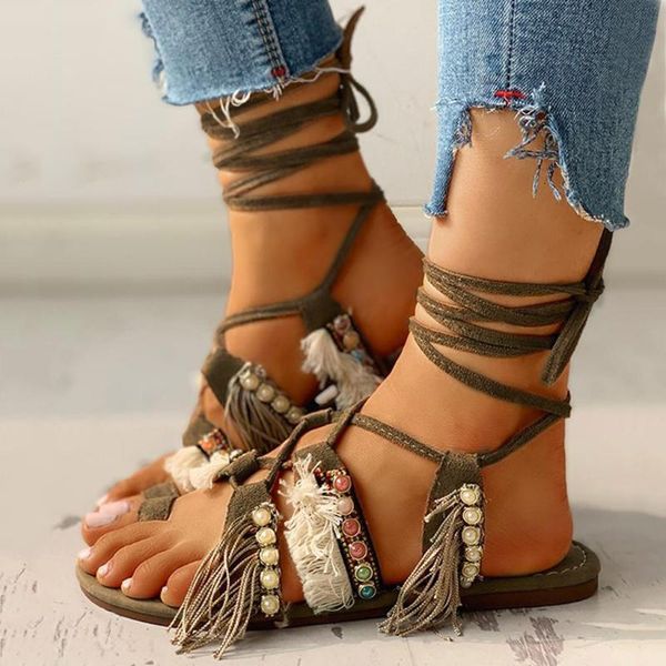 

women's sandals ladies casual fringe multi-strap crisscross lace-up sandals flat comfort boho beach shoes summer d2#3, Black