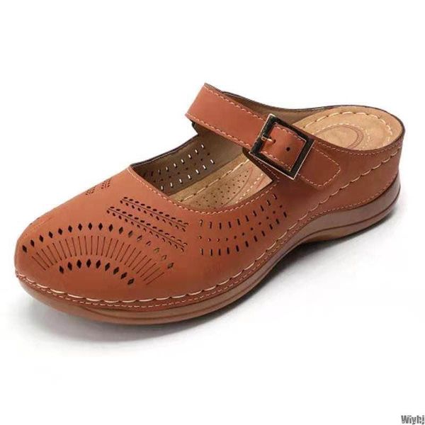 

new new women's flat shoes ladies mules leather round head sandals closed toe sandals women slippers non-slip retro shoes, Black