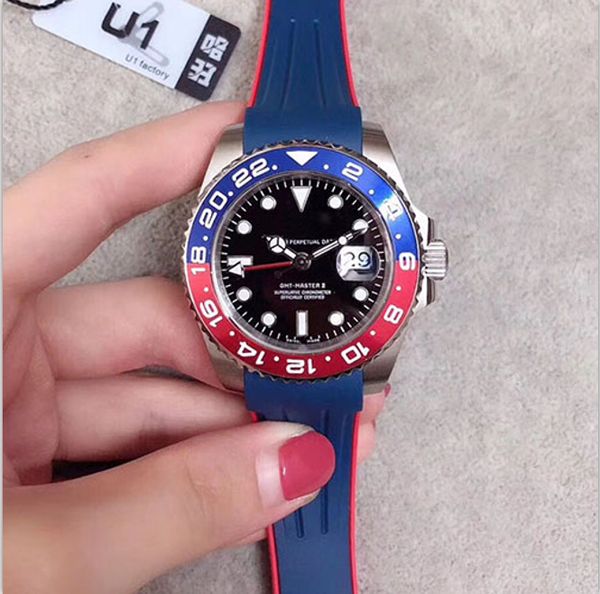 

new u1 factory gmt ceramic bezel sapphire mens watch 40mm black dial luminous watches automatic mechanical blue rubber band wristwatches, Slivery;brown