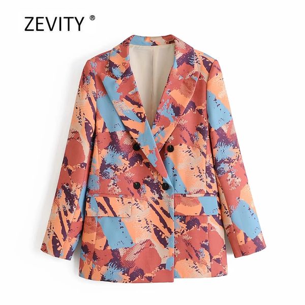 

zevity new women vintage graffiti print blazer female double breasted long sleeve causal stylish outwear suit coat c533, White;black