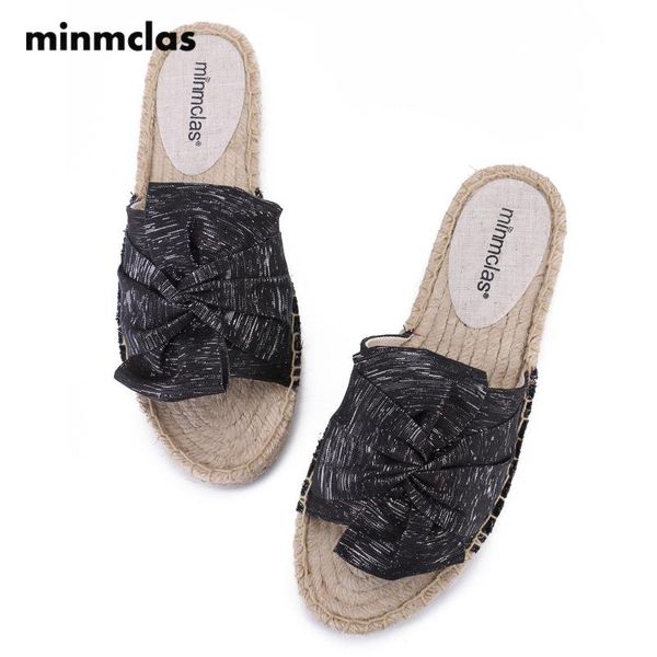 

minmclas 2020 slippers fisherman shoes women flat linen lazy half slippers thick bottom wild one pedal bow straw women, Black