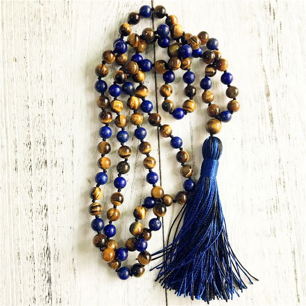 

108 mala beads necklace tiger eye & lapis lazuli knotted tassel necklace long necklaces yoga jewelry meditation jewelry cx200721, Silver