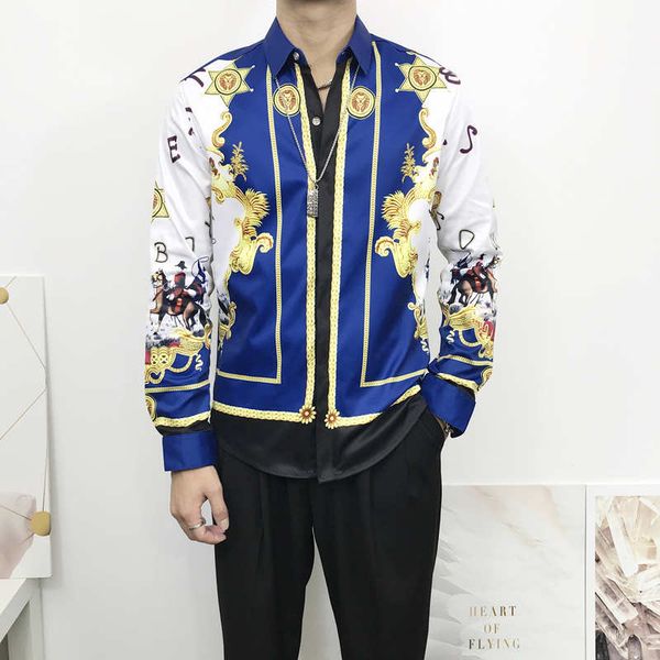 

20ss spring and autumn harajuku medusa gold chain dog rose print shirt fashion retro floral sweater men long sleeve shirt, White;black