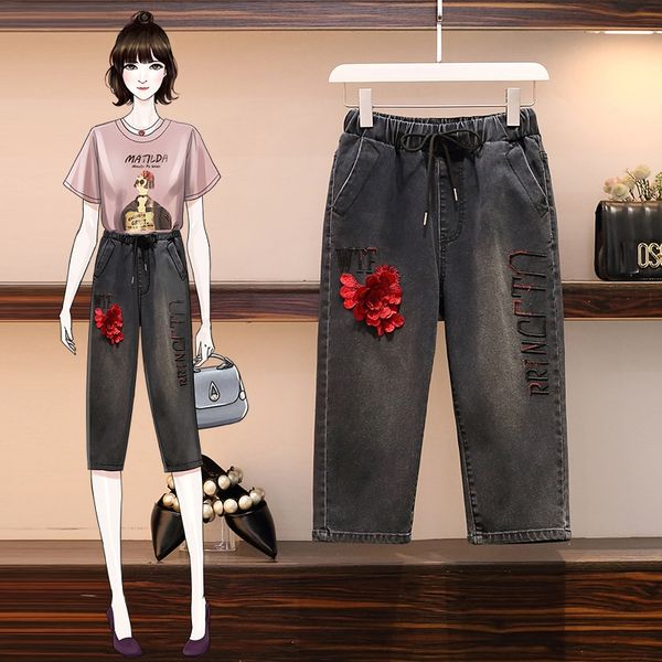 

dlcme большой размер шнурок шнуровке упругими высокой талии вышитые джинсовые капри и джинсы вышитые джинсы женщин 200кг жира сестра de, Blue