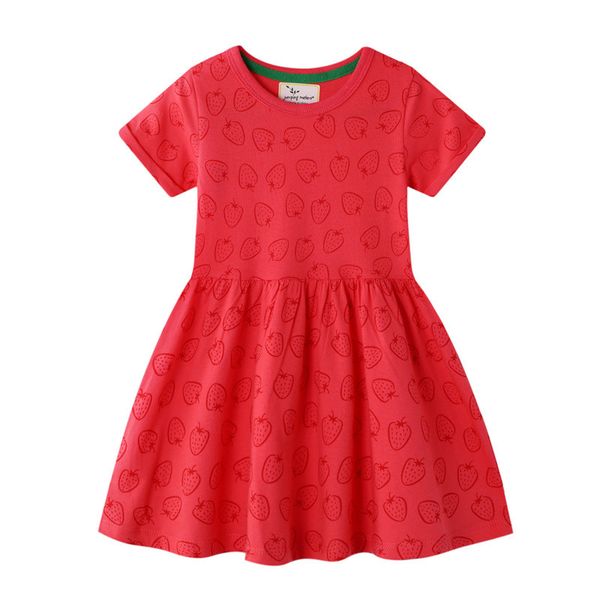 

jumping meters baby girls red strawberry cartoon summer dresses kids new fashion short sleeves cotton clothes selling 2020, Red;yellow