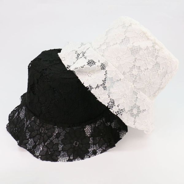 

women floppy lace bucket hat embroidery floral sunscreen wedding hats fisherman cap cute girls hats black white lace, Yellow