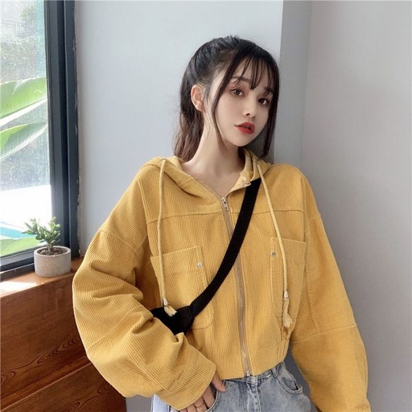 

spring and autumn women's jacket short corduroy long sleeve hooded jacket, Black;brown