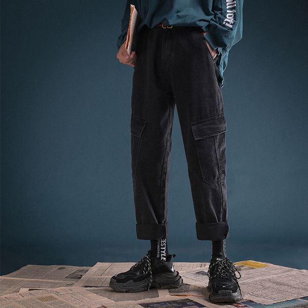 

wholesale 2020 fashion denim jeans men women brand straight loose tooling ankle length pants students korean wild casual jeans, Blue