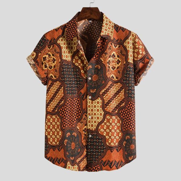 

men's casual shirts ethnic style men linen floral print short sleeve shirt summer hawaii holiday loose stand camisas hombre, White;black