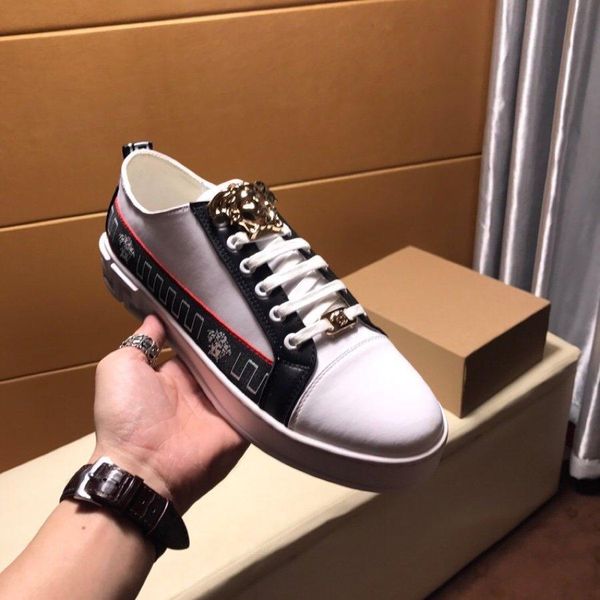 

2020a high-end medusa embroidery and color matching men's leather casual low-sneakers, large size fashion lace-up sneakers, size: 3, Black