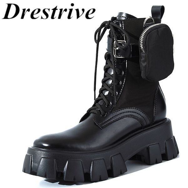 

drestrive женские сапоги теленок середина корова кожа cross связали mid heels платформа non скольжения сумка пряжка лоскутная круглый toe че, Black