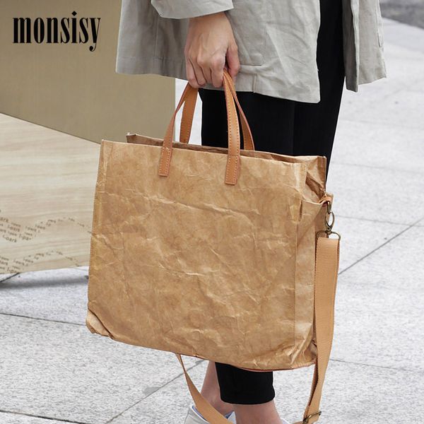 

monsisy new kraft paper shopping bag for women handbags big tote 2020 ladies shoulder bag retro large capacity messenger bags