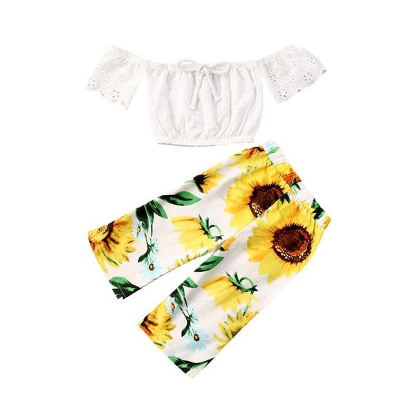 

newborn set baby girl print short sleeve lace hollow out crop sunflower pants child girl set toddler clothes 0-4y, White