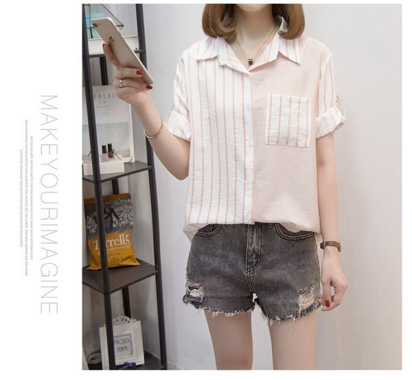 

2020 summer designer new striped loose thin shirt label neck female fresh shirt breathble, White
