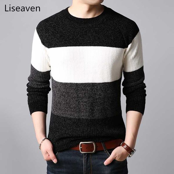 

liseaven mens thick sweater pullovers patchwork o-neck sweater jumpers male knitwear men's clothing, White;black