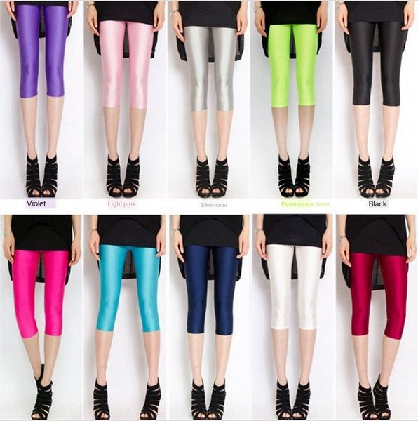 

zbo9t cropped leggings women's outer wear candy color glossy tight yoga tight pantsstretch thin summer yoga pants fluorescent pants sli, Black