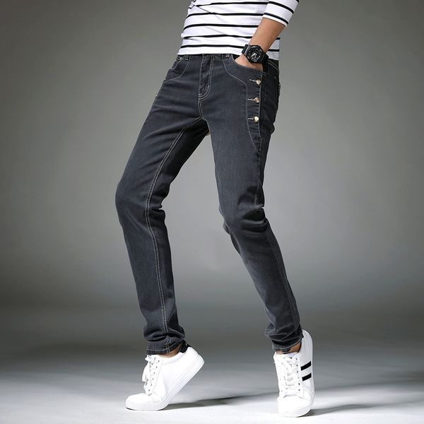 

four seasons основной толчок тенденция жесткой джинсы плотно все-матч мода мужская stretch тонкий подходят тощие брюки молодёжные корейский, Blue