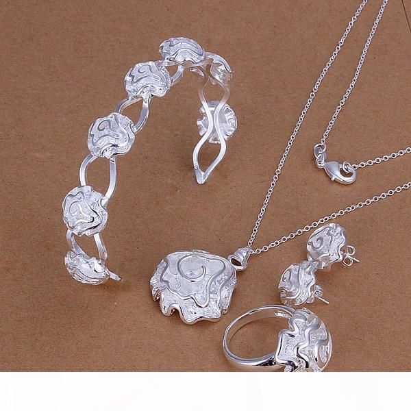 

gift water droplets sterling silver plated jewelry set for women es218,fashion 925 silver necklace bracelet earring ring set, Black
