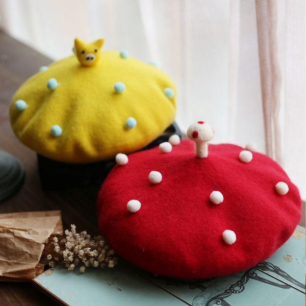 

parent-child cartoon animal bean painter candy painter's beret beret color woolen cloth hat woolen baked wheat cake hat, Blue;gray