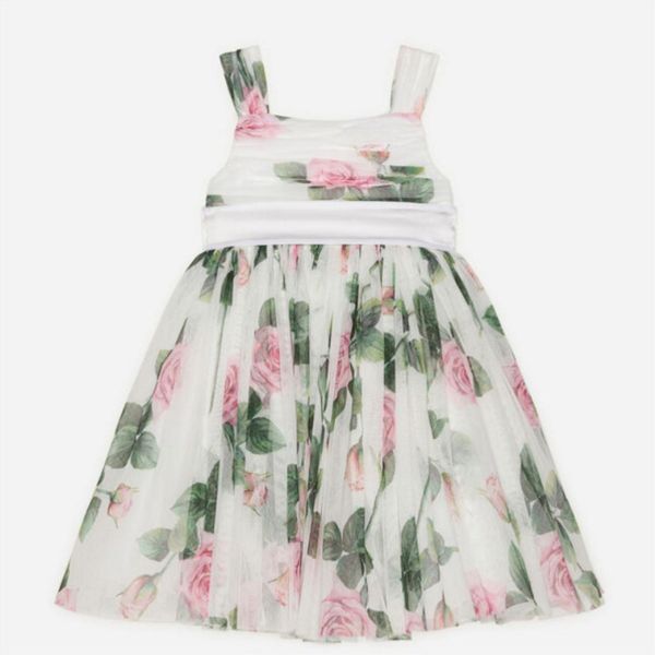 

2020 summer pink rose pattern printed baby girls white dress party boutique flower dress for girl kids rose dress t200709, Red;yellow