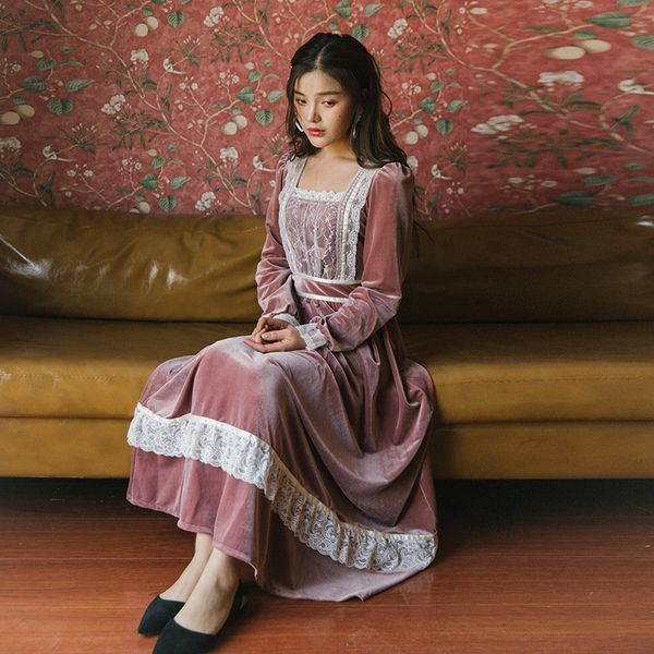 

длинные рукава марочного французского кружевного платья суд теплого масла девушка бархат кружевное платье, Black;gray