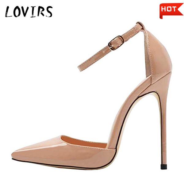 

lovirs womens high thin heel pointed toe patent leather ankle strap stiletto pumps wedding party office&career basic shoes 4-15, Black