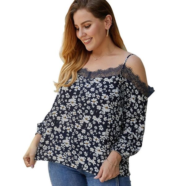 

women lantern sleeve lace patchwork loose off shoulder floral shirts, White