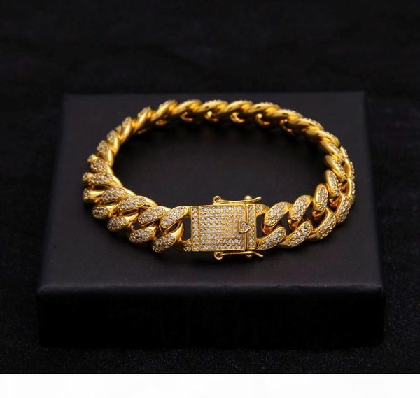 

men female jewlery new hip hop luxury crystal cz zircon triple lock bracelet 14mm 7inch 8inch cuban link box clasp bracelet, Golden;silver