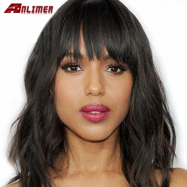 

natural wavy bob wig glueless 13x4 lace front human hair wigs with bangs 130% density remy hair pre plucked lace front wigs, Black