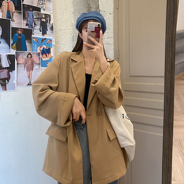 

ewq] 2020 new autumn women blazer loose thin lapel double buckle drape solid color large version long sleeve suit coat ladies, White;black