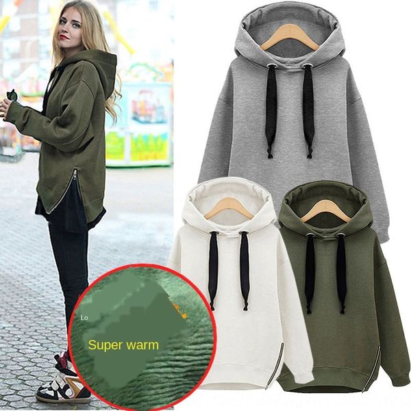

886 loose coat pullover coat long sleeve hooded pullover large size velvet thickened sweater mid-length, Black