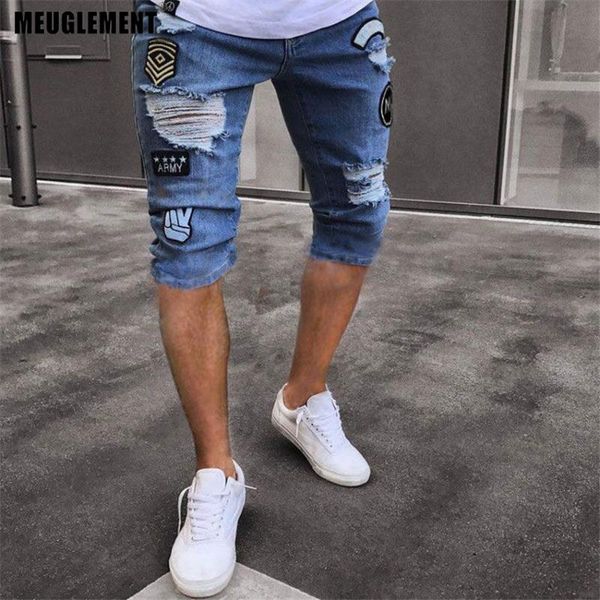 

men's jeans drop summer fashion thin homme 2021 hip hop youth mens denim shorts elasticity distressed skinny men, Blue