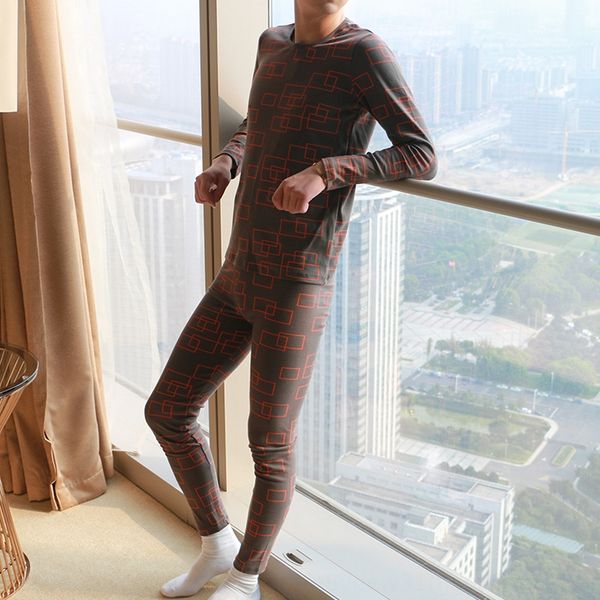 

cotton pants round neck men's thermal printed plaid warm autumn clothes underwear and autumn clothes underwear set a0977, Black;brown
