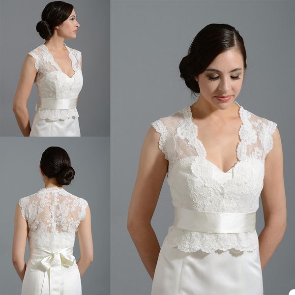 Laço applique nupcial envoltórios com uma fita bolero para vestidos de casamento feitos sob encomenda botão de manga curta de volta